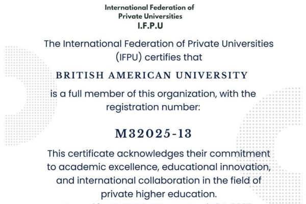 BAU INTERNATIONAL FEDERATION OF PRIVATE UNIVERSITIES Certificate